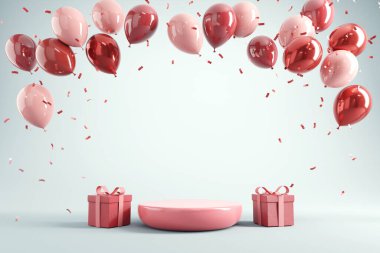 Kırmızı balonlu podyum hediye kutusu ve mavi arka planda konfeti. 3D görüntüleme, Noel, Sevgililer Günü, Doğum günü partisi, Yeni yıl arkaplanı, Kopyalama Boşluğu.