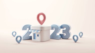 İşletme büyümesi 2023 yılı konsepti, pembe arka planda konum haritası rozeti olan minimal dükkan, işletme açılışı, 3D görüntüleme.