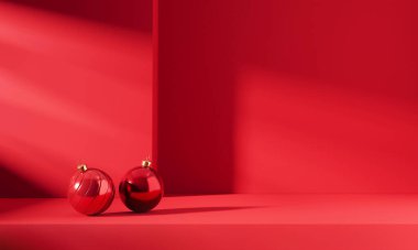 Noel 'de en az kırmızı arka planda, incik boncuklu Noel süslemesi. 3D 'deki oda. Arkaplan, ürün ve metin için alan. 3d hazırlayıcı.