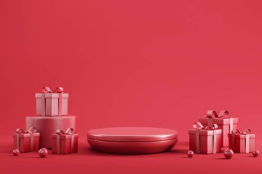 Valentine ve Christmas için minimum soyut ürün arkaplanı kırmızı arka planda kırmızı hediye kutusu olan podyum. 3 boyutlu görüntüleme. ürün tasarımı için aşama.