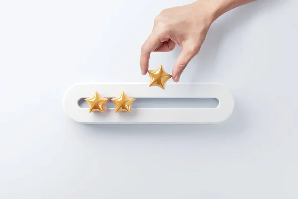 Customer satisfaction meter with star rating. evaluation, Woman hand showing on three star to increase rating, Normal or Average Review Concept
