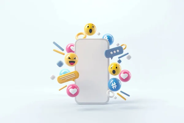ソーシャルメディア広告のための抽象的なトレンディーなデザイン ソーシャルネットワークアイコンと空白の携帯電話 コピースペース3Dレンダリング — ストック写真