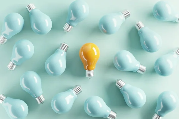 Minimal idea of yellow light bulb surrounded with blue bulbs on pastel background. 3d rendering. Idea creative Concept. Copy space