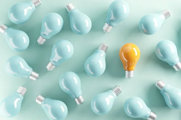 Minimal Idea Yellow Light Bulb Surrounded Blue Bulbs Pastel Background — Stock Photo, Image