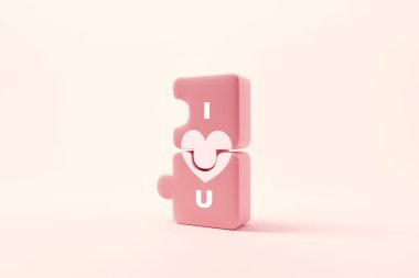 İki parça kırmızı kalp şeklinde ve pembe arka planda seni seviyorum yazılı yapboz, aşk ile birlikte, mükemmel çift kavramı, sevgililer günü, 3D çizim