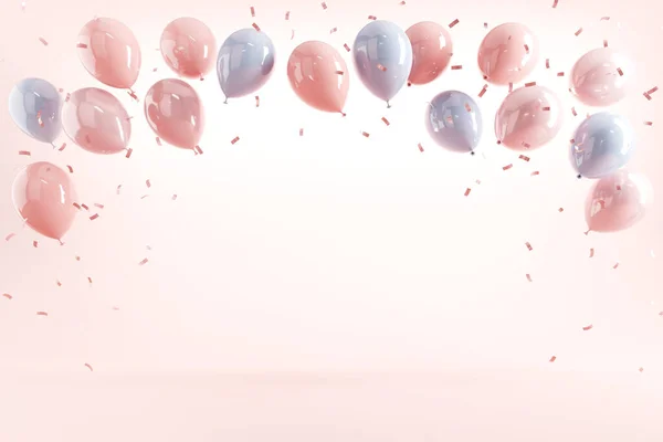 Pastellballonger Och Konfetti Rosa Bakgrund Rendering Födelsedag Fest Mors Dag Stockbild