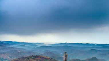 Tahri Gölü 'nün Uttarakhand, Hindistan' daki dağlarla çevrili 4K Timelapse gölü yapay bir baraj rezervuarıdır. Gün batımında mavi gökyüzünde dönen bulutlar.
