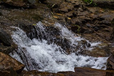 Bhimtal yakınlarında küçük bir gölü olan küçük bir şelale. Dağlardaki küçük bir şelalenin manzarası. Kristal şelale.