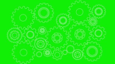 4K animasyon menekşe dişliler döngülü video arkaplanı. Animasyon ekipman videosu yeşil arkaplanda izole edildi. Endüstriyel arka plan. 4K Video Animasyonu. 3B Vites Canlandırması