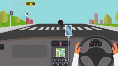 Arabanın içinden 2D kırmızı ışığın 4K görüntüsü. Otoyolda giden bir araba, arabanın içinden görünen bir manzara. Dirver kırmızı ışık kurallarına uyar.
