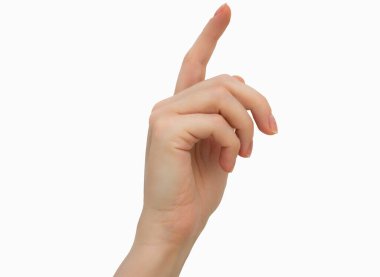 Bir kadının eli beyaz bir arkaplanı işaret eder.