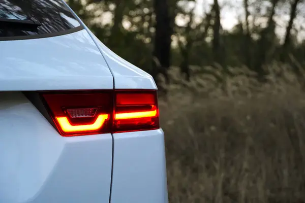 Ormandaki spor beyaz arabanın arka stop LED ışığı, Supercar 'ın stop lambası. Modern fren lambalı spor araba kuyruğu.