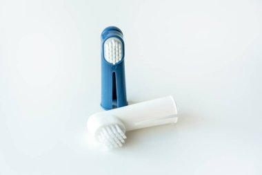 Beyaz bir yüzeyde köpek ve kedi dişleri için diş fırçası ve sakız masajı fırçası.