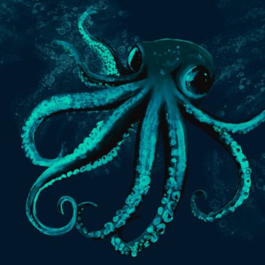 Beautiful aqua monochromatic art work interior picture of an octopus in deep water clipart