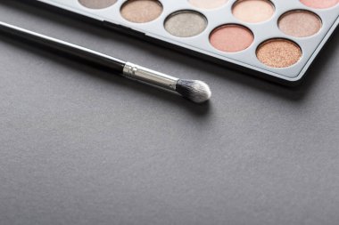 Göz farı paleti ve göz kapağı makyaj fırçasının yüksek açılı görüntüsü