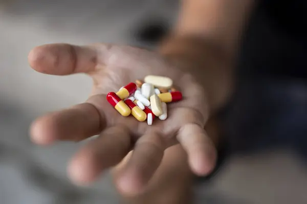 Close Handful Different Pills Capsules Selective Focus Pills — Stock Photo, Image