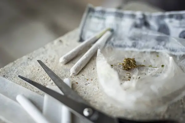 High Angle View Rolled Joints Marijuana Buds Bag Selective Focus — Stock Photo, Image