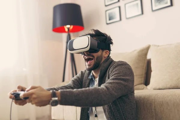 Young Man Sitting Living Room Floor Wearing Virtual Reality Glasses — Stock Photo, Image