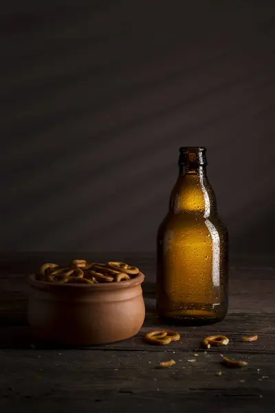 Well Chilled Wet Beer Bottle Placed Rustic Wooden Table Bar — Stock Photo, Image