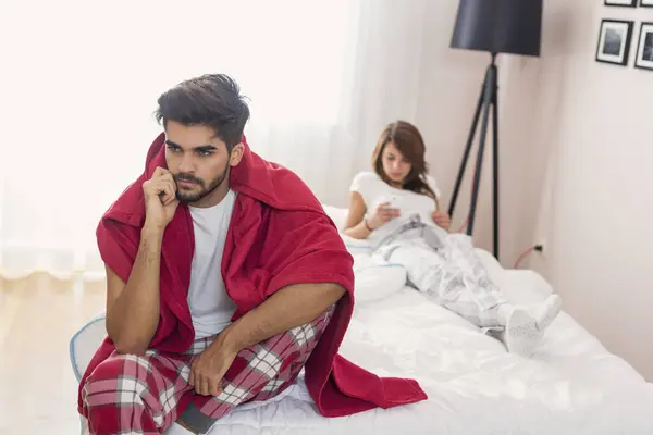 Couple Fight Bedroom Man Sitting Edge Bed Angry While Woman — Stock Photo, Image