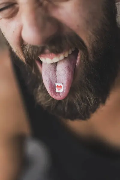 Young Man Taking Lsd Lsd Card Man Tongue Focus Lsd — Stock Photo, Image