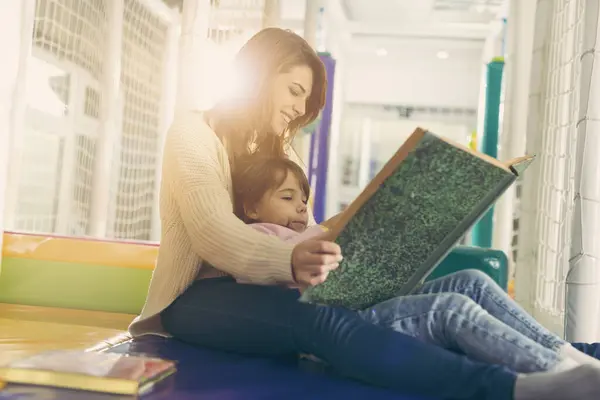 Mother Daughter Sitting Playroom Reading Fairy Tale Daughter Sitting Mother — Stock Photo, Image