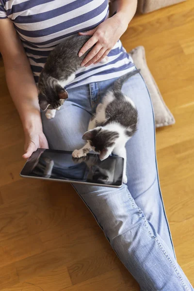 女性フリーランサーが床に座り タブレットコンピュータを持ち かわいい小さな猫のペットアシスタントを抱きながら自宅で働く — ストック写真