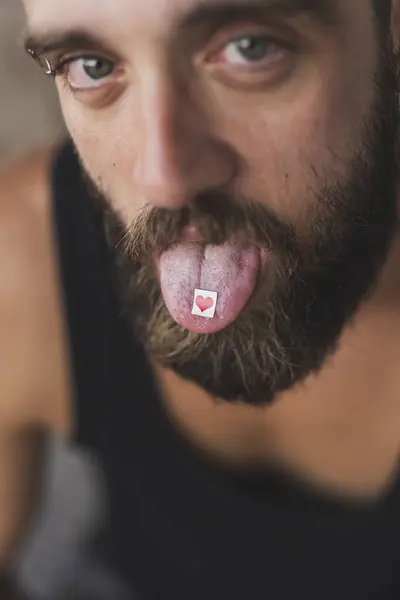 Young Man Taking Lsd Lsd Stamp Man Tongue — Stock Photo, Image
