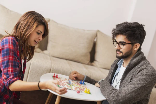 Couple Love Sitting Floor Next Table Playing Ludo Board Game — Stock Photo, Image