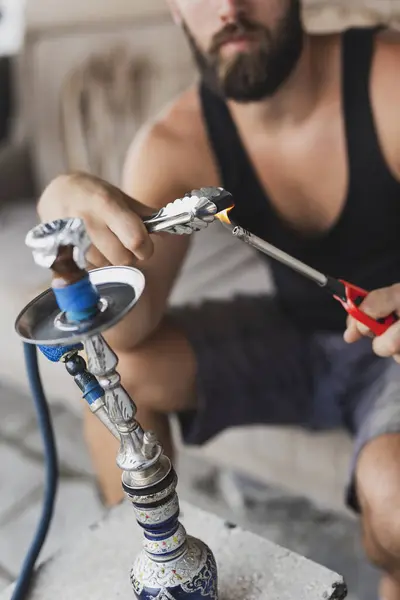 Detail Man Hands Lighting Hookah Charcoal Lighter Getting Ready Use — Stock Photo, Image