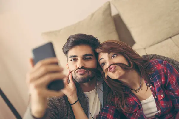 Couple Love Enjoying Free Time Home Making Faces Taking Selfies — Stock Photo, Image