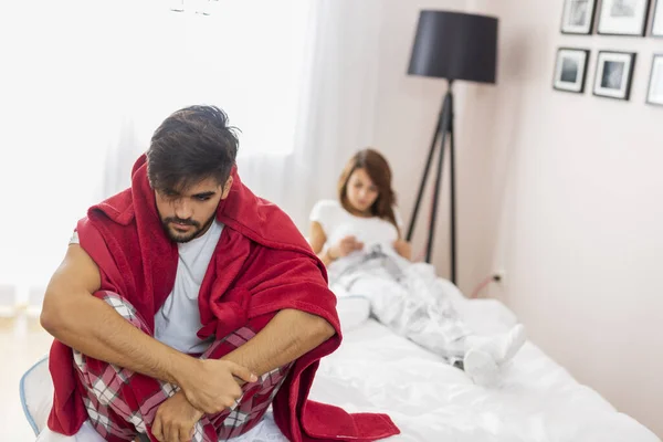 Young Man Sitting Edge Bed Sad Angry Fight His Girlfriend — Stock Photo, Image