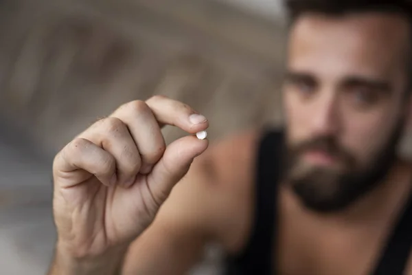 Man Holding Ecstasy Pill Focus Pill — Stock Photo, Image