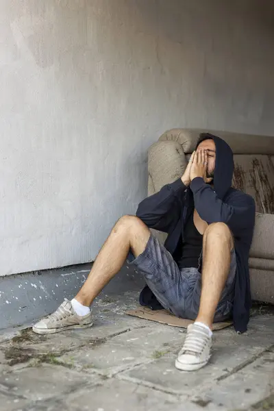 Depressed Desperate Young Man Sitting Building Rooftop Terrace Wearing Hoodie — Stock Photo, Image