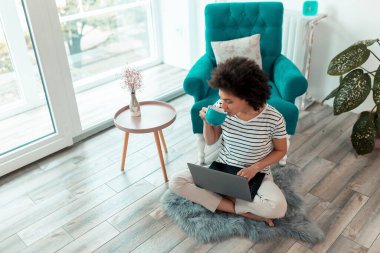 Oturma odasında oturan, dizüstü bilgisayarda çalışan ve kahve içen serbest çalışan bir kadının yüksek açılı görüntüsü.