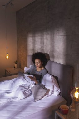 Güzel, genç, melez bir kadın. Sabahları yatakta yatıyor. Tablet bilgisayarında internette sörf yapıyor.