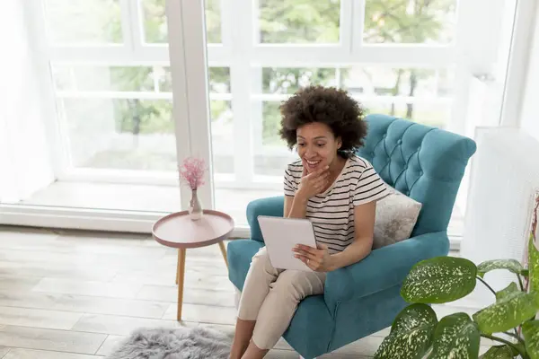 Beautiful Young Mixed Race Woman Sitting Armchair Having Video Call — Stock Photo, Image
