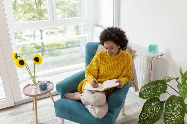 Portrait Beautiful Mixed Race Woman Sitting Armchair Relaxing Home Writing — Stock Photo, Image