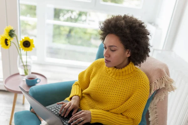 Beautiful Young Mixed Race Woman Sitting Armchair Working Remotely Home — Stock Photo, Image