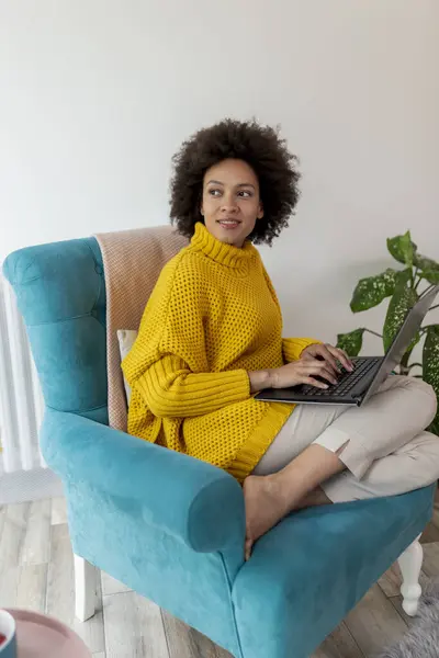 Beautiful Young Mixed Race Woman Sitting Armchair Relaxing Home Using — Stock Photo, Image
