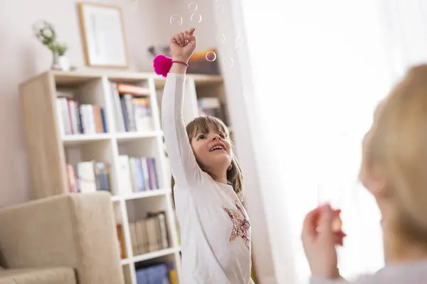 Mother Daughter Playing Making Soap Bubbles Having Fun — Stock Photo, Image