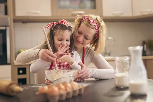 Beautiful Little Girl Kneading Pizza Dough Having Fun Her Mother — Stock Photo, Image