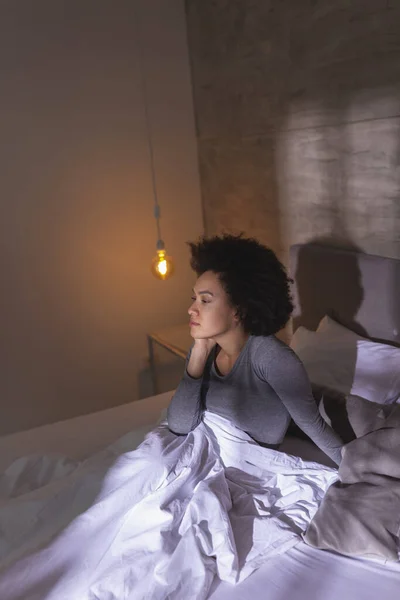 Beautiful Young Mixed Race Woman Wearing Pajamas Sitting Bed Morning — Stock Photo, Image