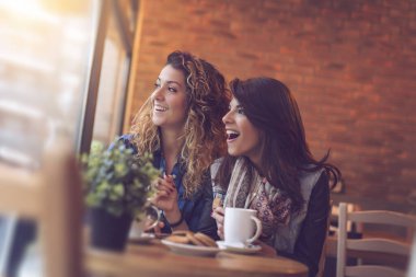 İki kız bir kafede oturuyor, kahve içiyor, kurabiye yiyor, birbirleriyle konuşuyor ve eğleniyorlar.