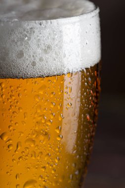 Köpüklü ıslak bir bardak soğuk light birayı kapat. Seçici odak