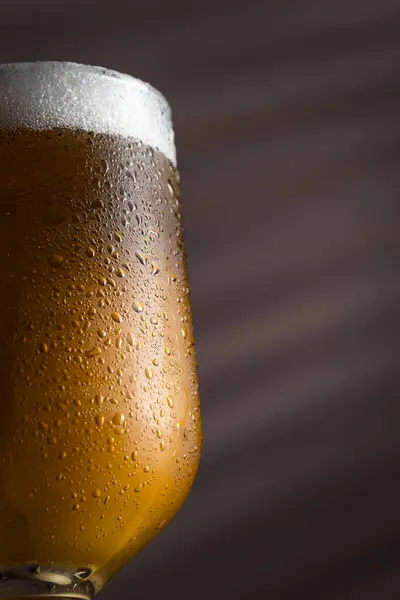 Close Wet Glass Cold Light Beer Foam Selective Focus — Stock Photo, Image