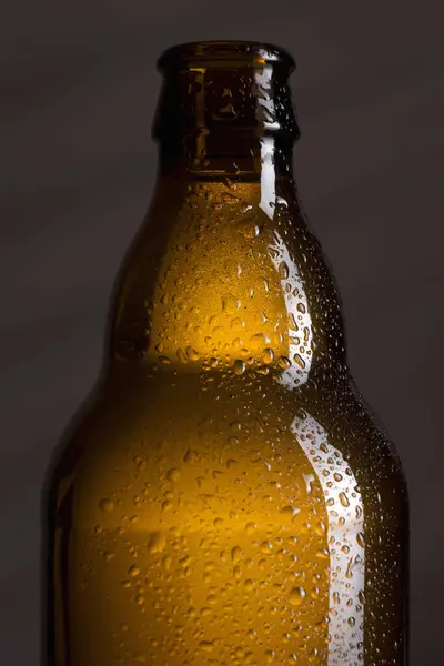 Close Wet Well Chilled Beer Bottle Selective Focus Upper Part — Stock Photo, Image