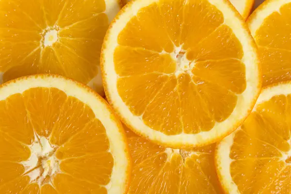 Vue Dessus Nombreuses Sections Transversales Fruits Frais Orange — Photo