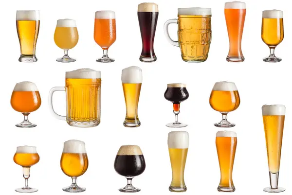 Multiple Various Glasses Different Types Cold Craft Beer Isolated White — Stock Photo, Image