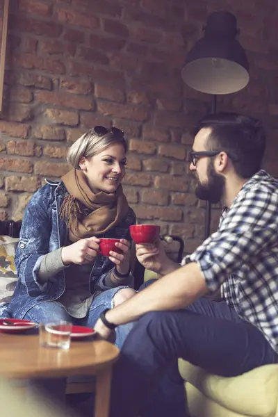 Young Couple Love Sitting Cafe Drinking Morning Coffee Having Pleasant — Stock Photo, Image